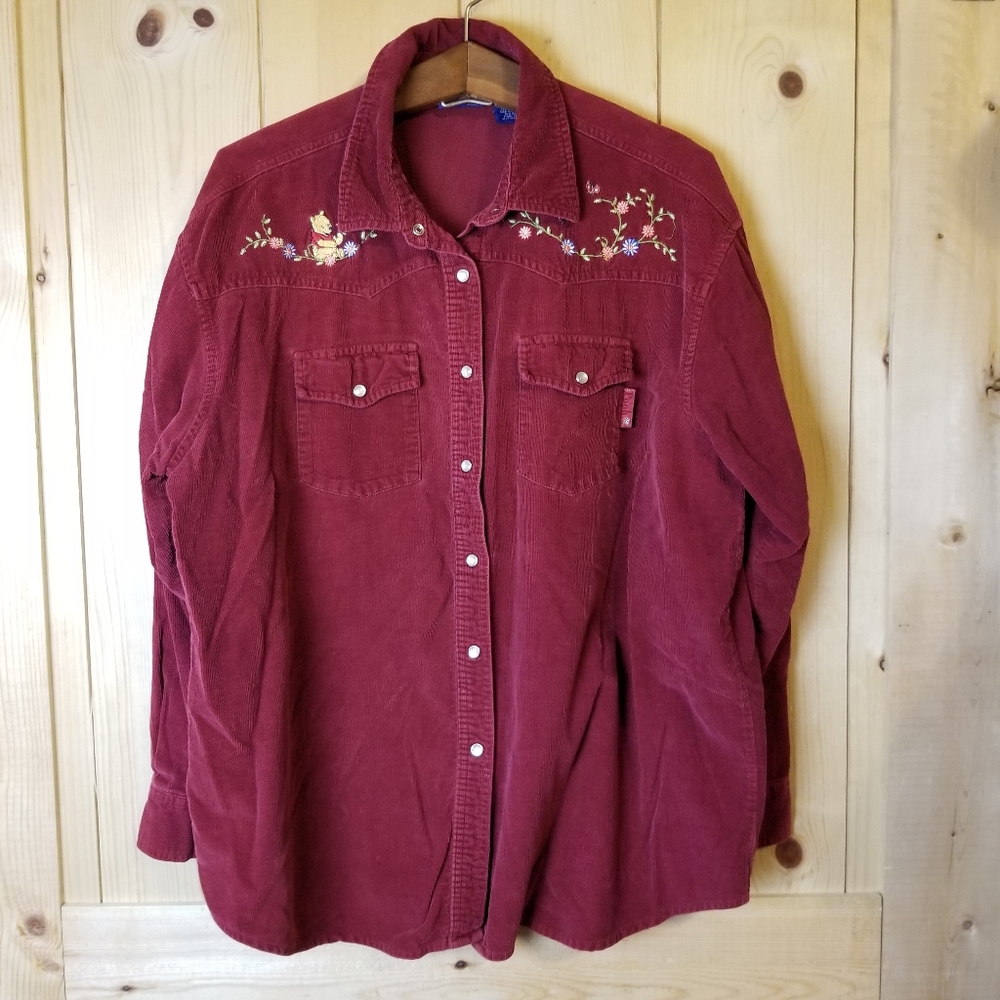 Disney Winnie the Pooh Corduroy Embroidered Western Pearl Snap Long Sleeve Shirt